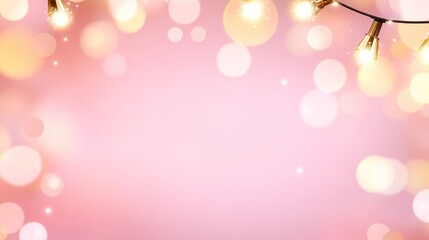 Wall Mural - pink bokeh background with fairy lights festive composition, soft focus, golden lights, blurry light