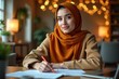 © Premium Illustration - Young woman in orange hijab studying with notebook and pen indoors, cozy cafe setting with warm fairy lights, perfect for education, learning, student life concepts, warm and inspiring atmosphere