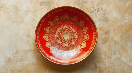 A red and gold Thai pattern ceramic plate with elaborate detailing, centered on a rustic beige background