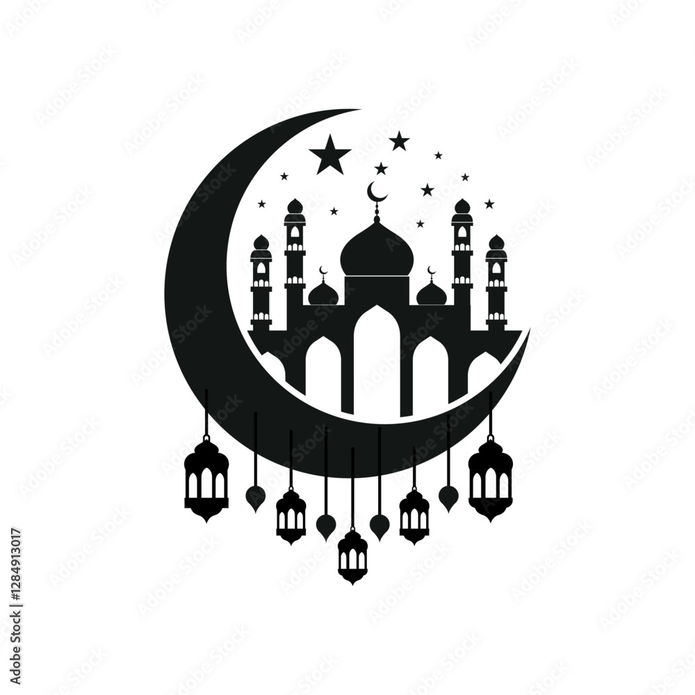 Beautiful Silhouette of an Islamic Mosque with a Crescent Moon and ...