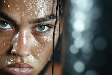 Wall Mural - A woman with wet hair and a green eye