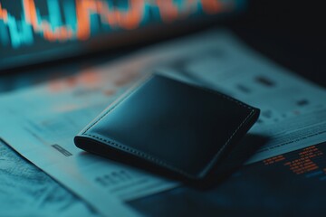 A black leather wallet is placed on top of a financial newspaper featuring stock market graphs and data, illuminated softly in dusk lighting. Generative AI