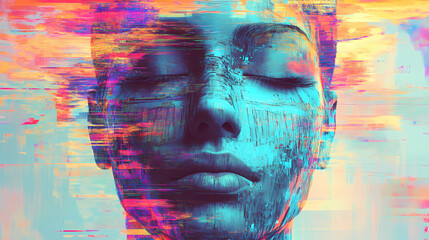 Wall Mural - Exploring vibrant digital glitch art through the abstract portrayal of a serene face. Glitch Aesthetic Portrait. Illustration