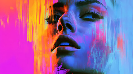 Wall Mural - Exploring vibrant digital glitch art through the abstract portrayal of a serene face. Glitch Aesthetic Portrait. Illustration
