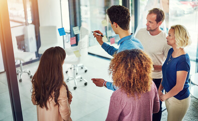 Aufkleber - Brainstorming, discussion and group in office, meeting and collaboration for project or publicist. Creative, people and colleagues with sticky notes for schedule, talking or serious for press release