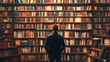 © Thiago - Man standing in front of book shelf filled with lots of books. generative ai. Interstellar Library Bookshelves. Illustration