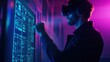 © Justlight - Cybersecurity professional wearing a vr headset analyzes data on a futuristic screen in a dark room illuminated by blue and pink neon lights, enhancing the technological atmosphere