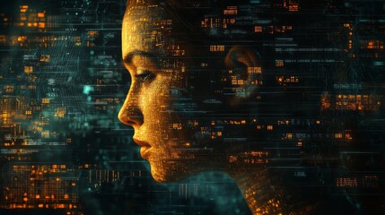 Digital woman profile integrated with futuristic technology and binary code