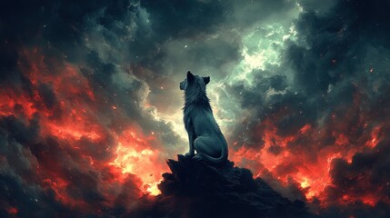 Naklejka na meble White wolf, fiery sky, rock, fantasy, artwork, game, poster, digital