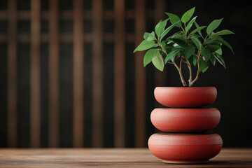 Wall Mural - A small red plant is sitting in a red bowl on a wooden table