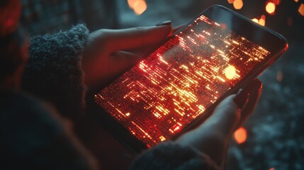 Woman is holding smartphone with glowing red binary code displayed on screen, suggesting concepts of cybersecurity, hacking, programming, and technology in a futuristic setting