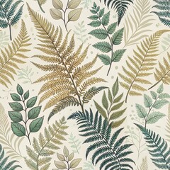 Wall Mural - Seamless Pattern of Lush Ferns and Leaves Botanical Art Nature Green Tones Top View Organic Design