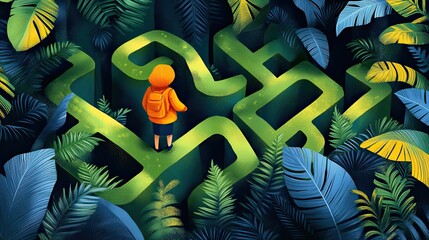 A Young Person Walks Through a Green Maze with Backpack