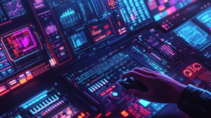 Hand navigating a complex futuristic computer interface with glowing neon lights, displaying data visualizations, charts, and graphs in a cybersecurity context