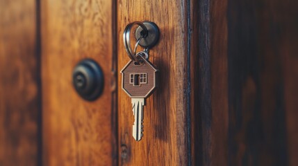 Key with house shaped tag hanging on wooden door close up