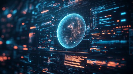 Glowing sphere surrounded by complex digital code environment