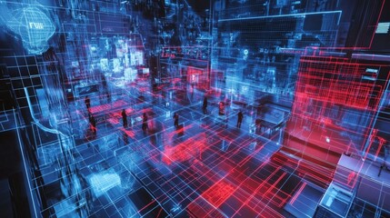 software developers and engineers navigating a complex digital landscape, managing data streams and 