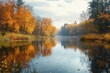 © Margarita - Tranquil Autumn River Bend with Colorful Foliage and Reflections in Calm Water