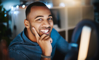 Aufkleber - Portrait, computer and man in office at night with deadline for website development with cybersecurity. Happy, technology and male it specialist with online encryption for company data protection.
