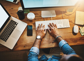 Aufkleber - Above, business and man with computer, hands and typing with deadline, internet or keyboard. Technology, person and evening with journalist, researcher for article and report for story and connection