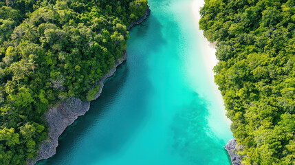 Wall Mural - Aerial view of tropical island with turquoise water and lush greenery