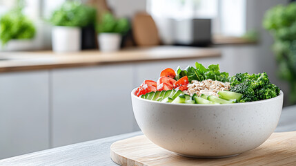 Wall Mural - Fresh salad bowl with vegetables and grains in cozy kitchen setting