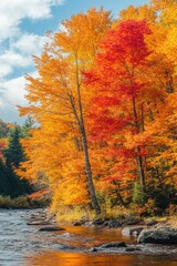 Wall Mural - colorful trees, river and skyline reflecting off water.