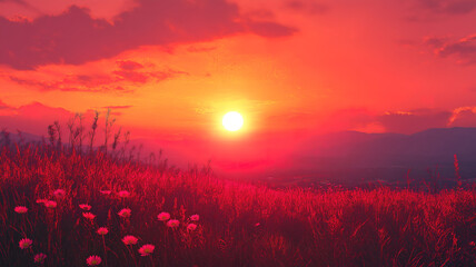 Wall Mural - Vivid red sunset reflecting on the ocean waves in a breathtaking twilight scene