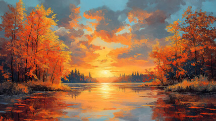 Wall Mural - majestic autumn sunset filled with vibrant colors and breathtaking clouds