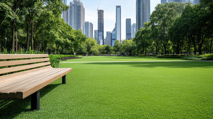 Wall Mural - serene urban park scene with wooden bench and skyscrapers in background