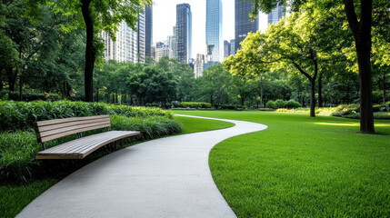 Wall Mural - serene urban park scene with lush greenery and skyscrapers nearby