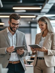 Wall Mural - Professional couple using tablets in a modern office setting.