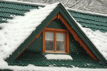 Winter Snow on Green Roof with Warm Window and Tiled Architecture