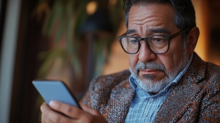 a man engrossed in his smartphone, looking at the screen.