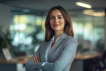 Sticker - Professional woman standing with arms crossed in corporate setting.