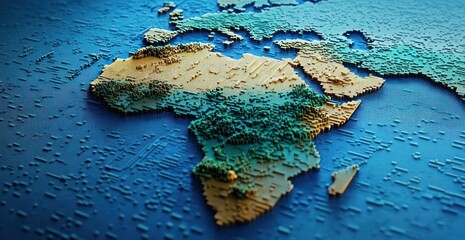 Poster - 3D Pixel Art Representation of Africa with Blue Background and Dynamic Lighting