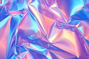 Poster - Crumpled Holographic Foil Background Abstract Texture Futurism 80s Retro Iridescent Dynamic Colorful Pink Blue Illumination