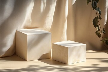 Aufkleber - Minimalistic still life composition with white geometric cubes and delicate shadows on beige background