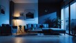 © TheWaterMeloonProjec - A contemporary living room showcased in both daylight and nighttime settings. In the morning and evening, a comfortable apartment space. Illustrative representation of a room's view in various ligh...