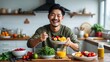 © TheWaterMeloonProjec - Cheerful Asian man enjoying nutritious breakfast with fresh produce in the morning.
