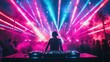 © ddaremmth - A DJ at a music festival, standing behind a turntable with vibrant neon lights, lasers, and a crowd dancing under the night sky.