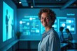 © Premium Illustration - Smiling woman with curly hair wearing blue shirt standing in futuristic technology control room with digital screens and data, modern business environment, innovation and teamwork concept, blue light