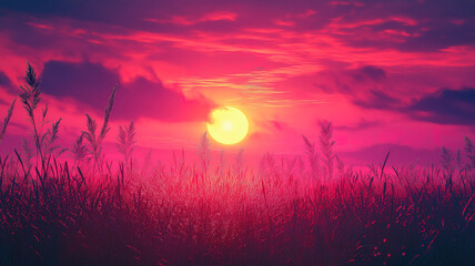 Wall Mural - serene time lapse video of a bright red sunset casting a warm glow over the expansive field