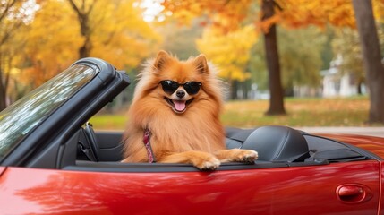  Pomeranian dog in red convertible, autumn park
