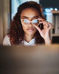 Poster - Reading, remote work and woman at night on laptop for online planning, proposal and research. Freelancer, business and writer with glasses on computer for article, journalism and copywriting deadline