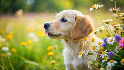 Wall Mural - adorable golden retriever puppy sniffing chamomile flowers amidst a colorful bouquet of wildflowers in a lush meadow, canine nose, golden retriever labrador puppy