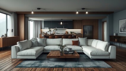 Wall Mural - Modern living room featuring wooden floors, light-colored sofas, and a kitchen visible in the background.