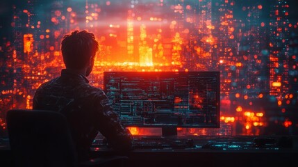 Hacker silhouette at computer, futuristic city background.