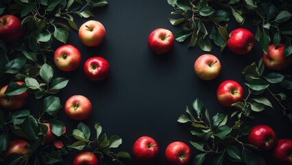 Wall Mural - Dark background featuring fresh red apples surrounded by green leaves. Fruits displayed from a top view. No text present.