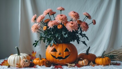 Wall Mural - A charming autumn arrangement showcases a bouquet of chrysanthemums inside a carved pumpkin against a light background. Close-up details with ample space for text in an anime-inspired style.